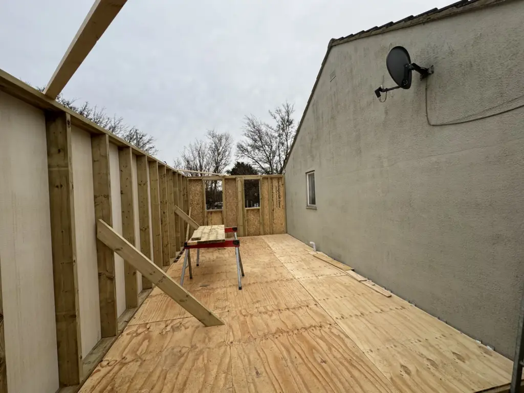 New deck and timber wall framing during the Chelmsford second-storey link extension