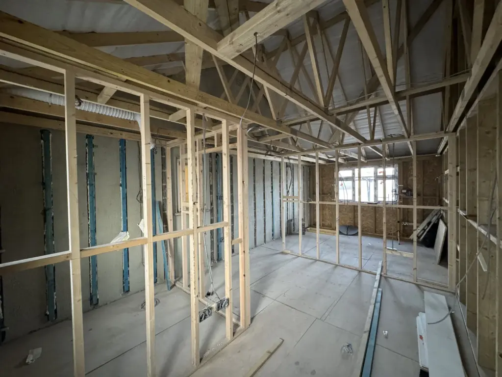 Framed internal rooms during first-fix works in the Chelmsford link extension