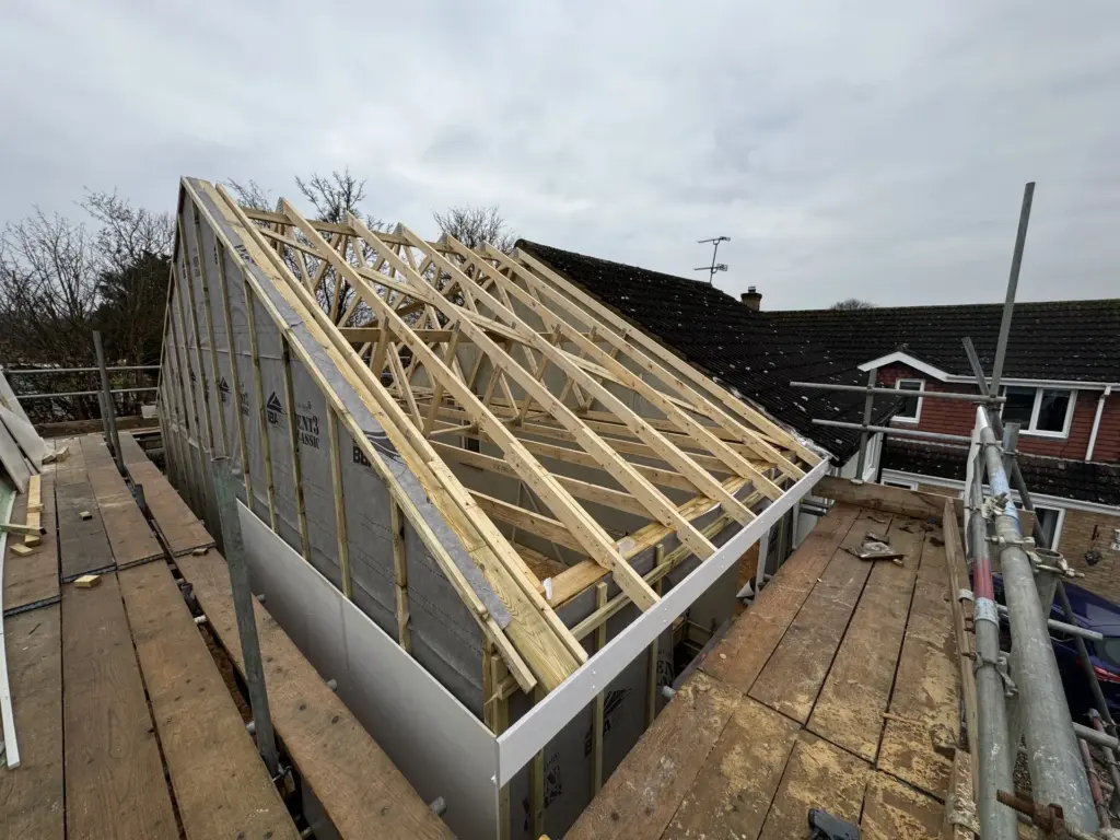 Roof framing installed on the Chelmsford second-storey link extension
