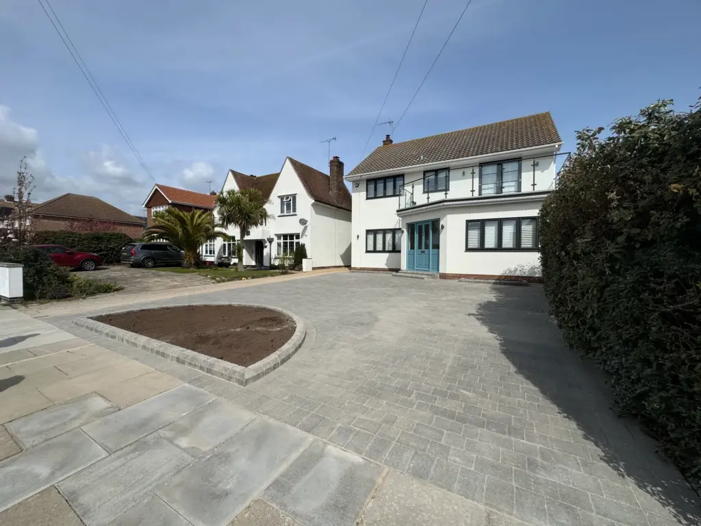 Wide view of the completed block paved driveway in Frinton-on-Sea, showing the full 110 square metre parking area