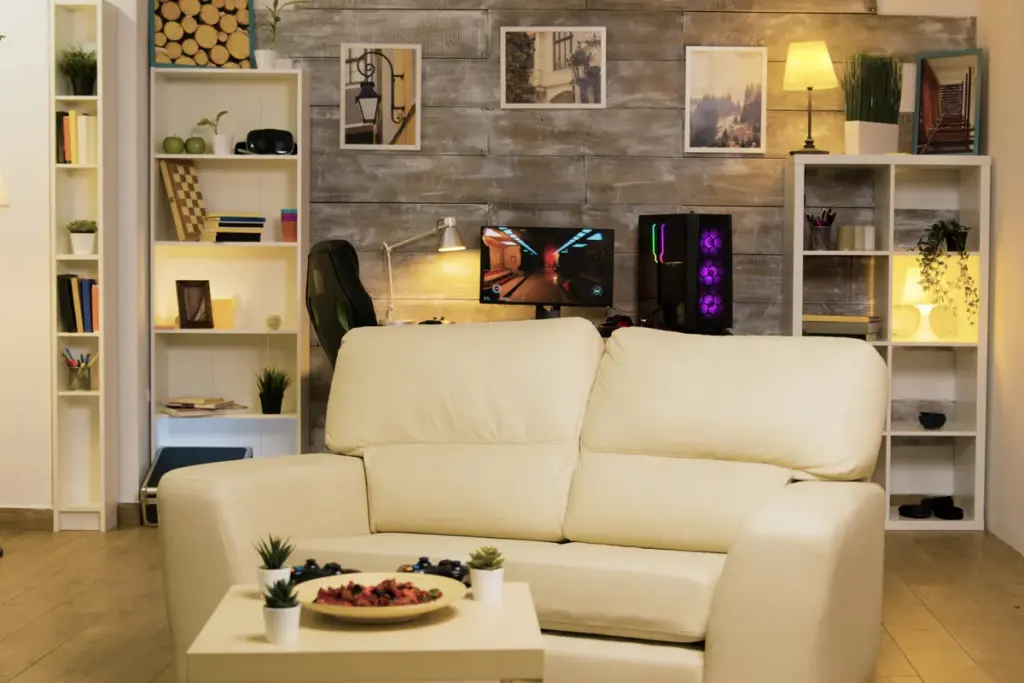 Games room with a sofa, TV and games console