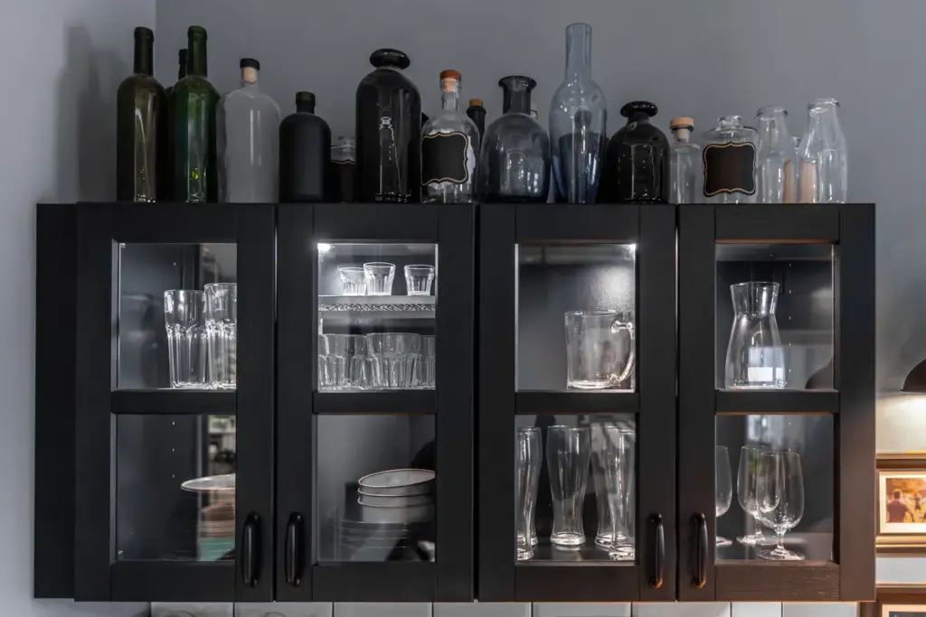 Home bar with stools and shelving for entertaining