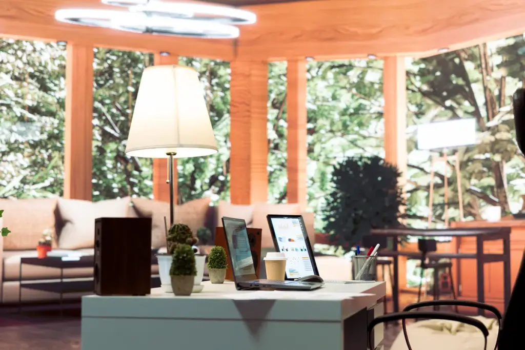 Garden office with a desk and glazed doors