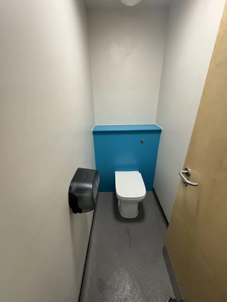 Completed accessible WC at The Hawthorns School in Chelmsford with a teal feature panel and concealed cistern