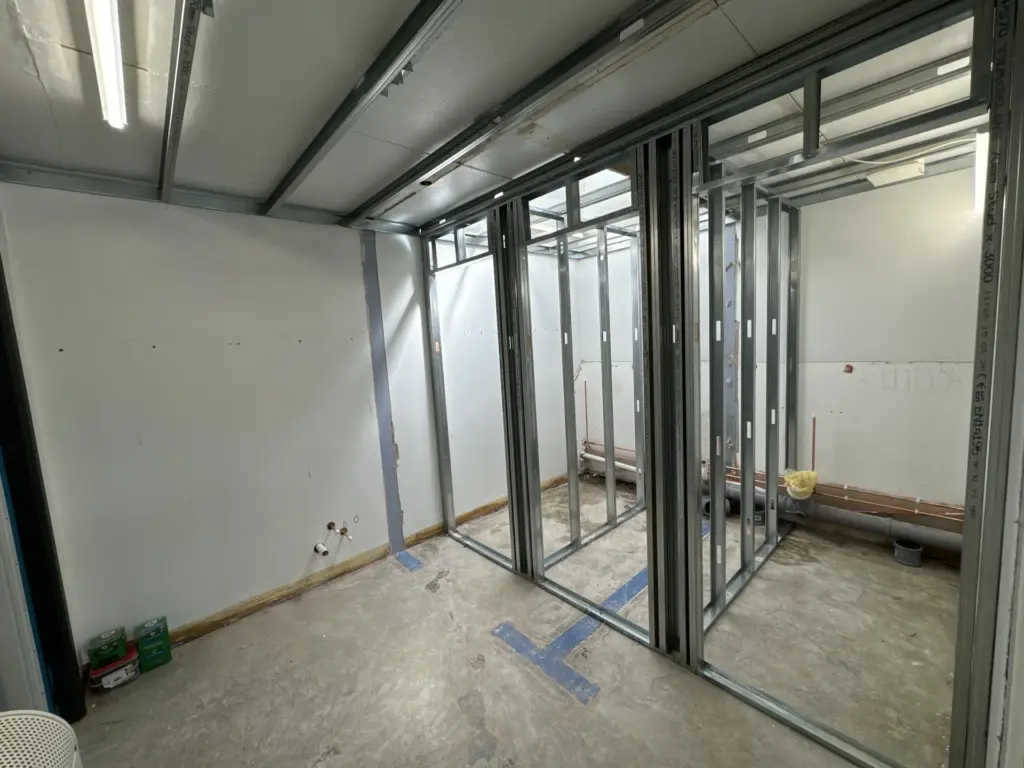 Steel cubicle framing before boarding at The Hawthorns School washroom in Chelmsford