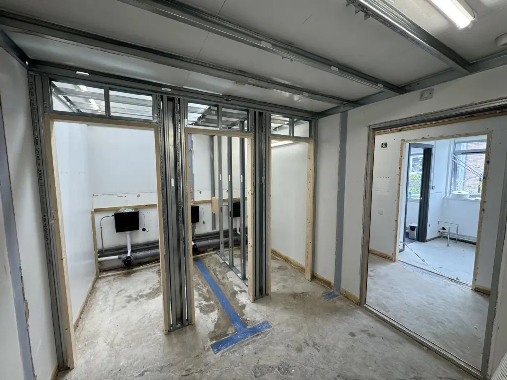 Cubicle framing and first-fix services during The Hawthorns School washroom refurbishment in Chelmsford