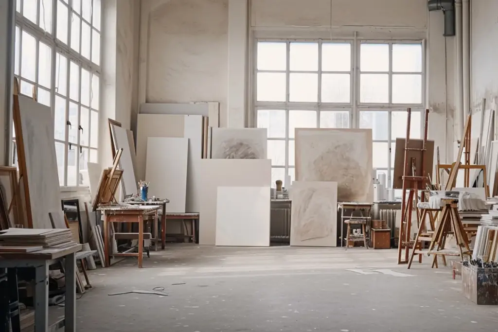 Bright studio workspace with art materials and storage