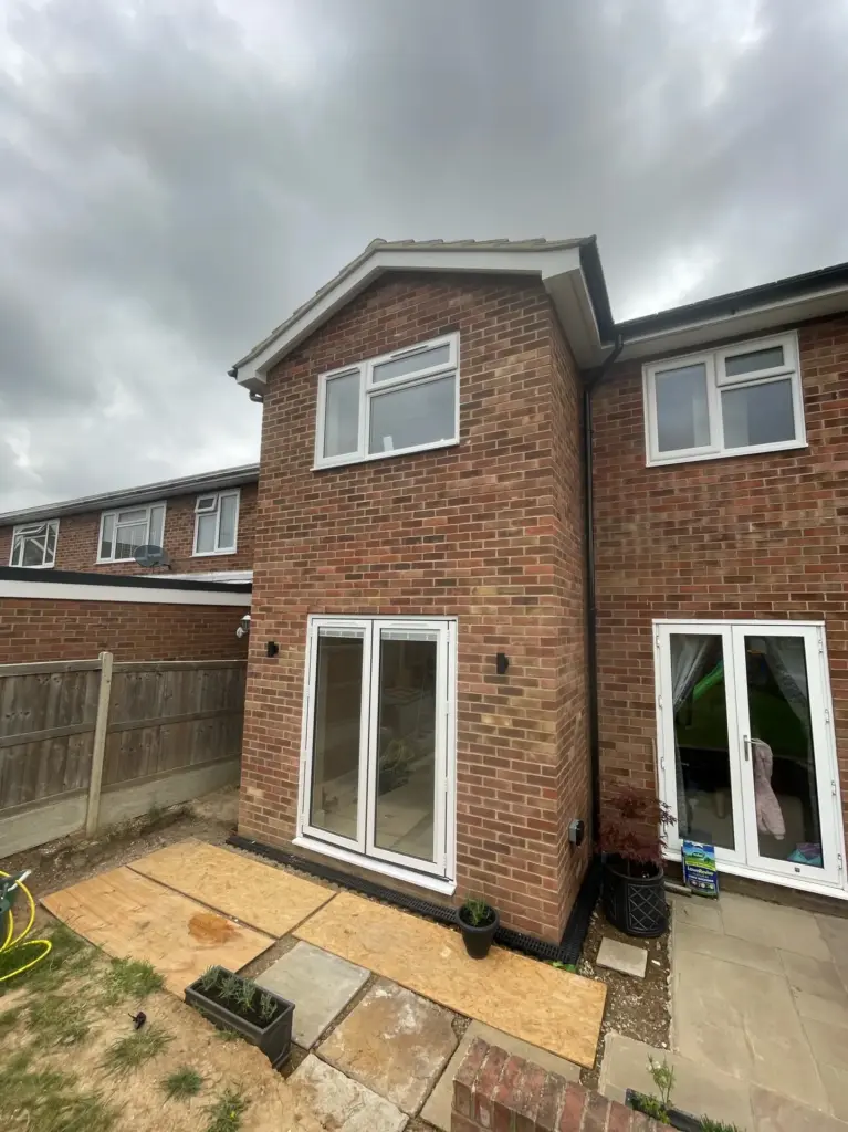 Rear elevation of the completed double storey side extension in Kelvedon, Essex