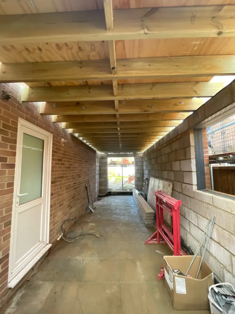Internal blockwork during construction of a double storey side extension in Kelvedon