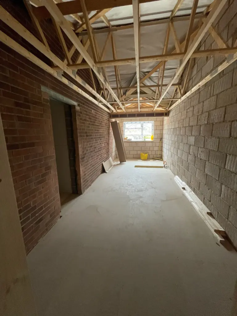 Internal roof structure during the Kelvedon double storey side extension build