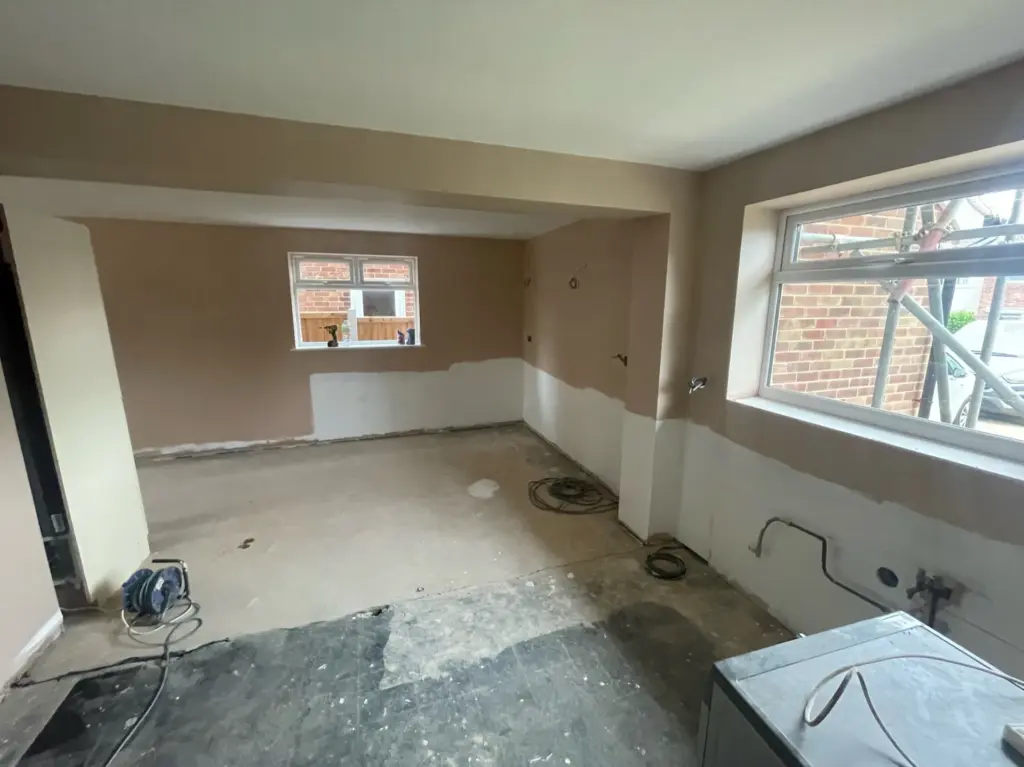 Kitchen area during first-fix works in a Kelvedon double storey side extension