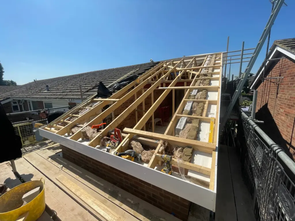 Roof timbers installed on a double storey side extension in Kelvedon, Essex