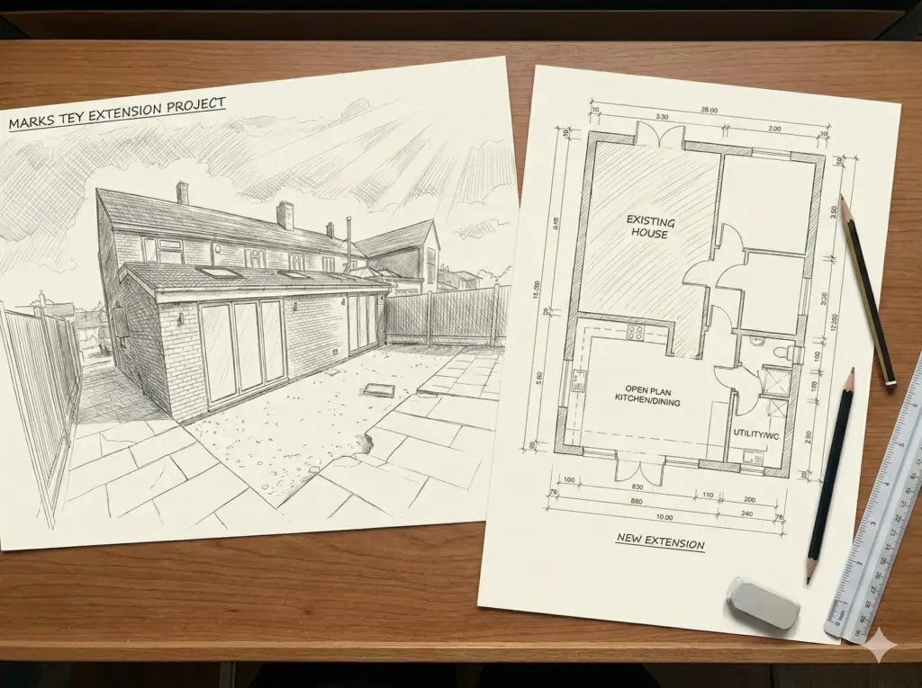 Marks tey house extension mockups floorplan and planning sketches