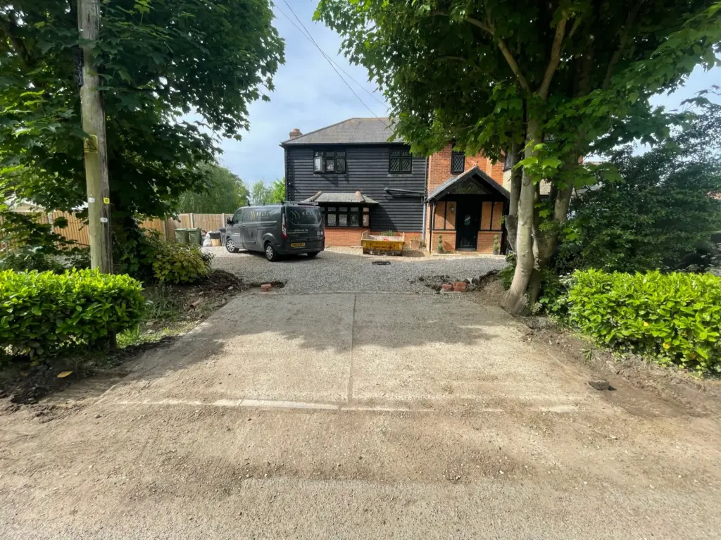 Existing front driveway entrance before landscaping work at the Rivenhall property