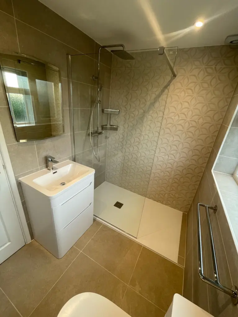 Completed shower and vanity area in a bathroom installation in Tiptree, Essex