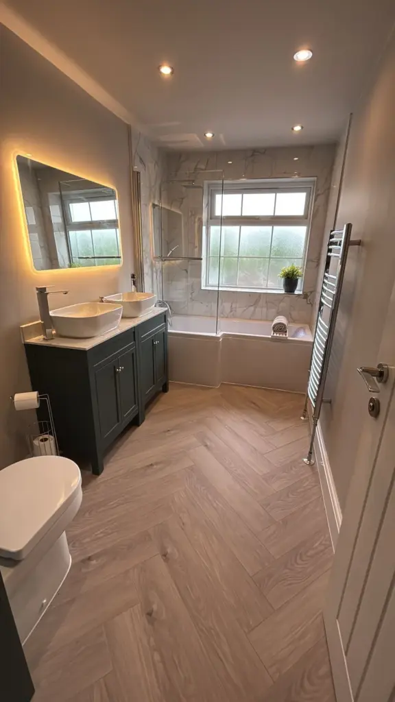 Completed family bathroom refurbishment in Witham, Essex with marble-effect tiling, herringbone flooring and a dark green vanity unit