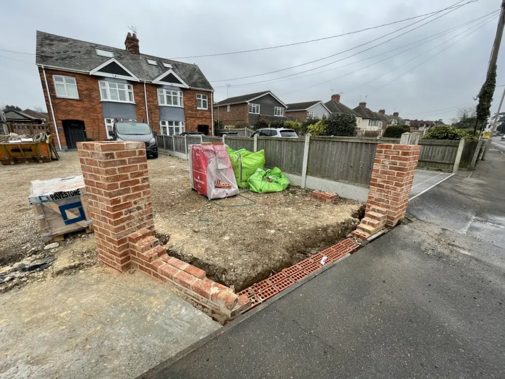 Entrance pillars and foundation work underway at the Witham property