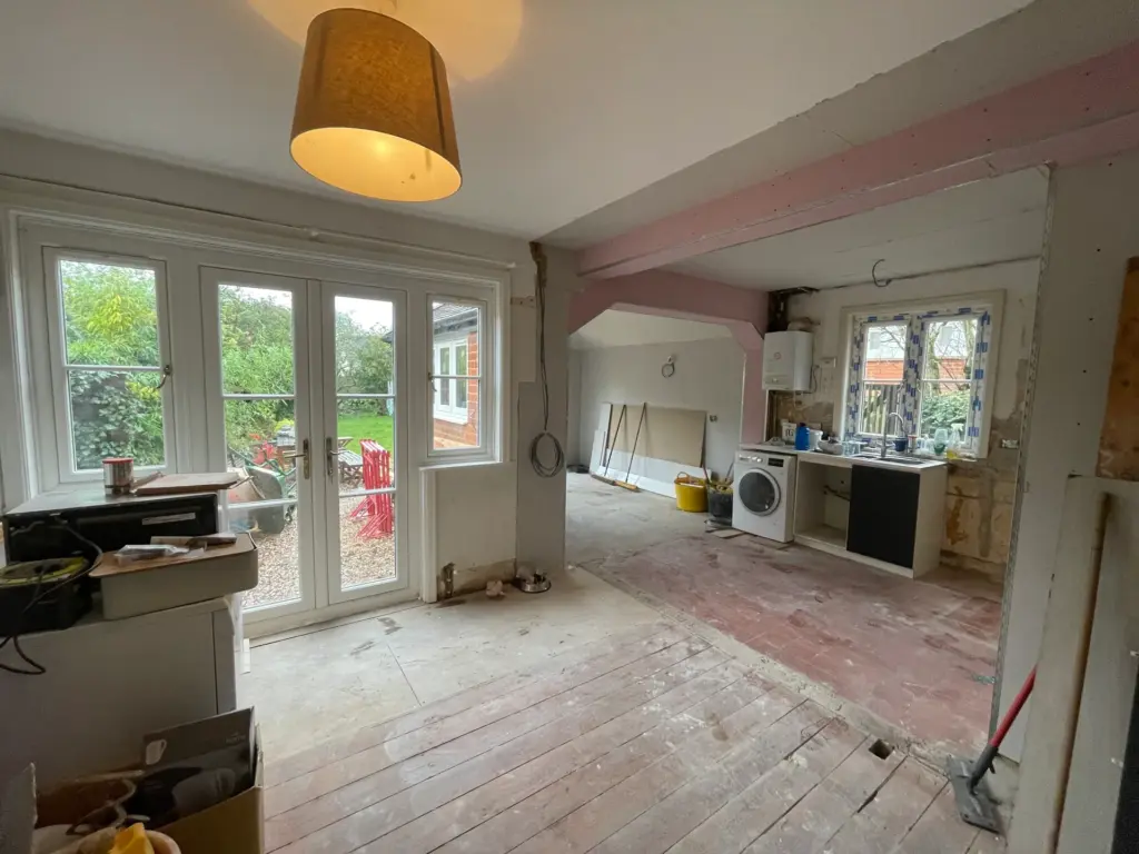 First-fix electrics and new rear French doors during the Witham kitchen and dining room refurbishment