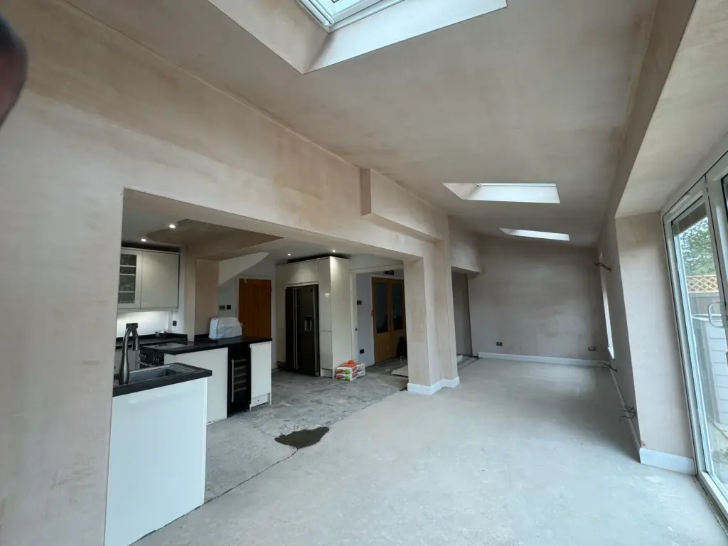 Finished open-plan kitchen-diner in the Writtle extension, with fitted units and American-style fridge freezer